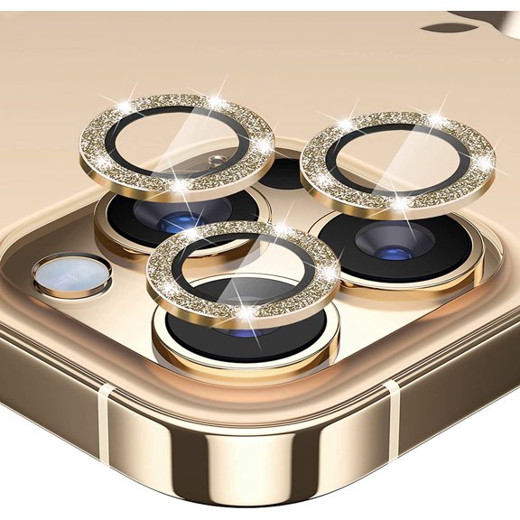 Compatible with iPhone 13 Pro & iPhone 13 Pro Max Camera Lens Protector, 3-Pack Alloy Metal Camera [Glitter Diamonds] Ring Cover with Anti-Scratch Tempered Glass Screen Accessories-Gold