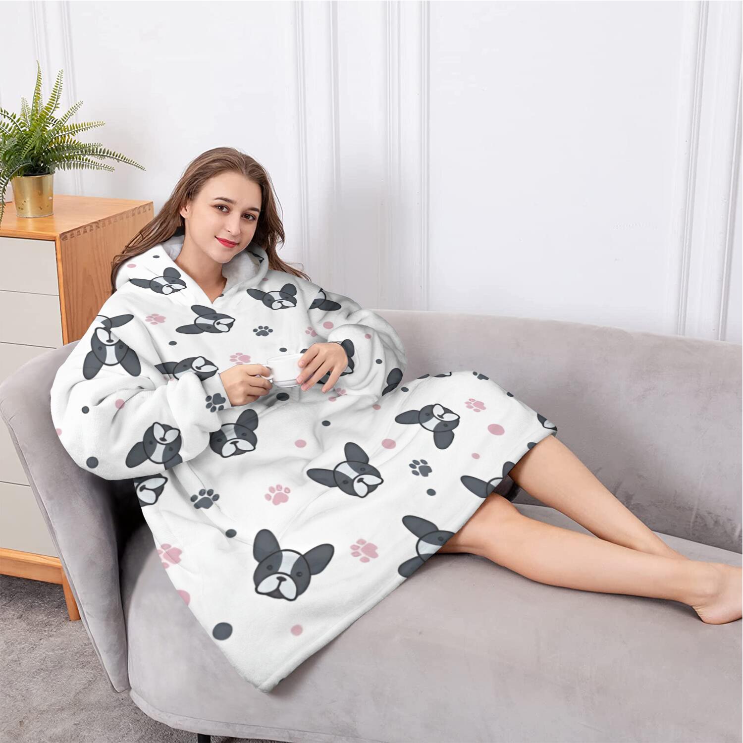 Oversized Wearable Blanket Hoodie,French Bulldog Sherpa Blanket Hoodie with Super Pockets,Super Warm Fuzzy Pullover for Women & Men