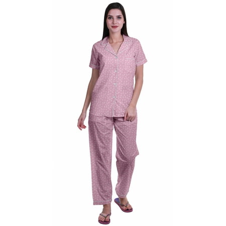 

Moomaya Notch Collar Button Down Printed Cotton Pajama Set For Women Nightwear