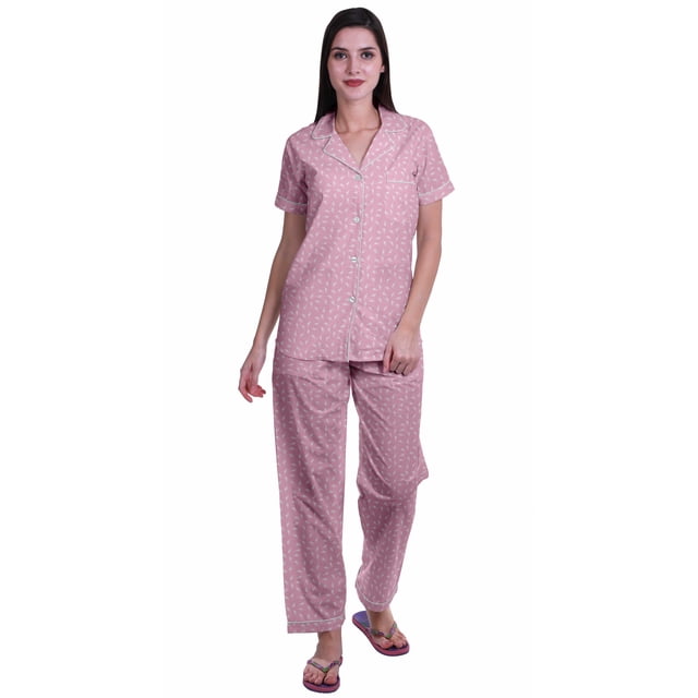 Moomaya Ensemble de Pyjama en Coton Imprimé à Col Cranté, Boutonné, pour Femmes, Tenue de Nuit