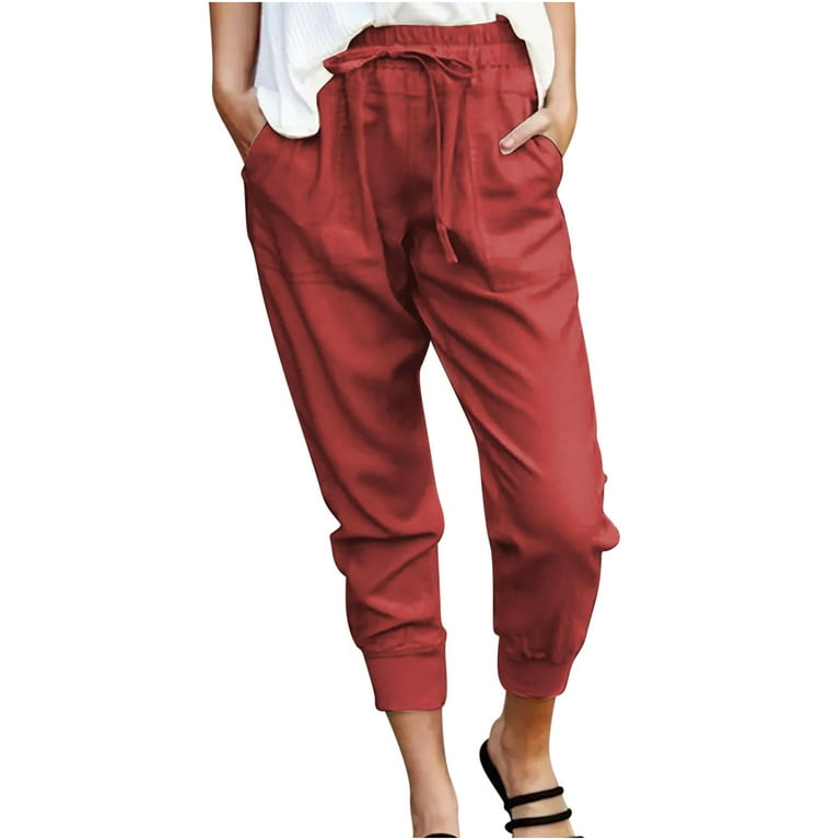 QUYUON Pants for Women Discount Casual Solid Color Pockets Buttons Elastic  Waist Comfortable Straight Pants Fishing Pants Long Pant Leg Length Dressy