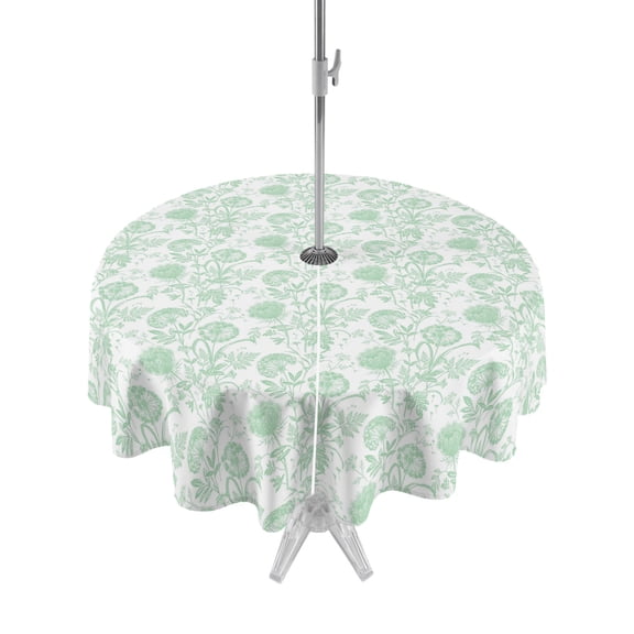 Outdoor Tablecloth with Umbrella Hole Zipper Green Floral Cute Round Tablecloth 54" Waterproof Outside Table Cloth Summer Cozy Botanical Patio Table Cover Tablecloths for Picnic Party