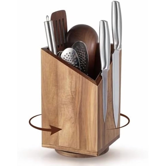 Magnetic Knife Block Without Knife Wood Utensil Holder 360° Rotatable Magnetic Knives Holder Organizer 9.65 x 5.5 Inches Universal Magnet Organizer Large Acacia Wood Kitchen Farmhouse Countertop Cook