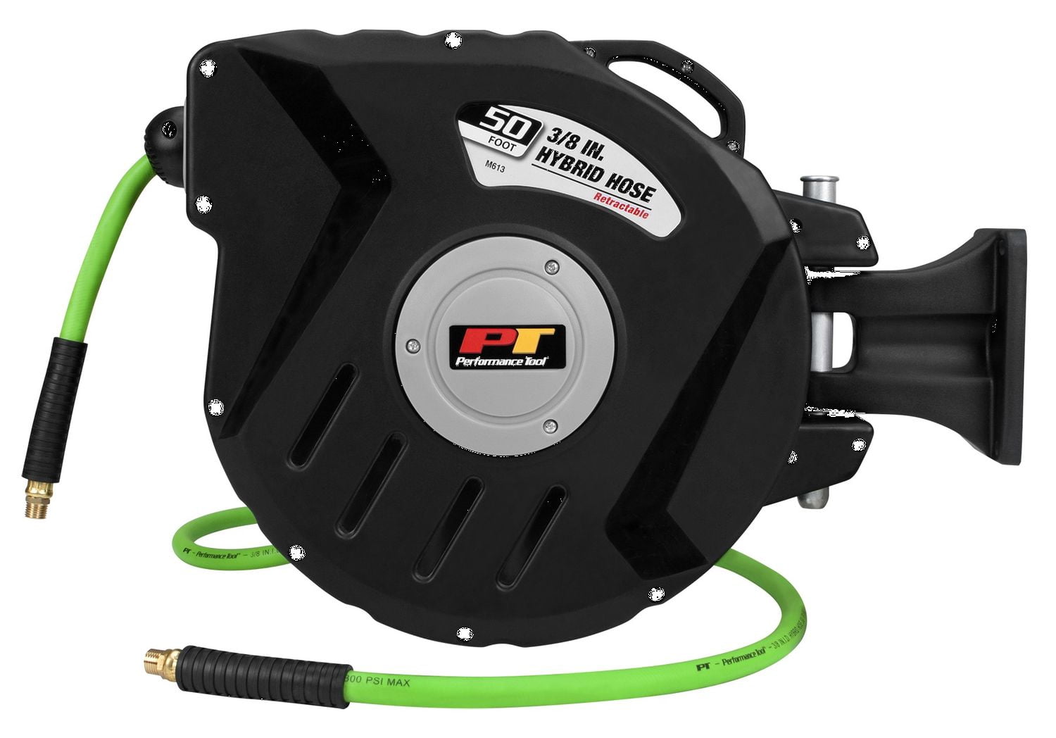 Performance Tool M613 Retractable Air Hose Reel with 50ft Rubber/PVC Blend Hose, Automatic Roller Guide and Brass Fittings