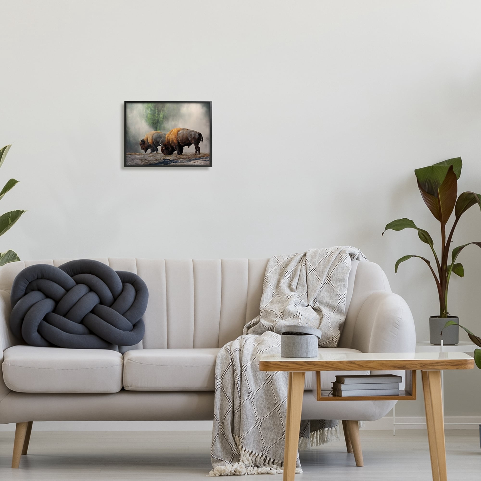 Stupell Industries Bison Duo Grazing Foggy Nature Animals & Insects Painting Gray Framed Art Print Wall Art