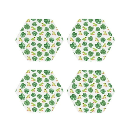 

Fuzoiu Frogs And Tropical Leaves Print Leather Coasters Set Drink Coasters Set of 4 for Tabletop Protection Durable PVC Coasters Home Décor and Housewarming Gift-Hexagon