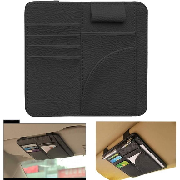 Car Sun Visor Organizer PU Leather Car Visor Sunglass Holder Card Holder Black