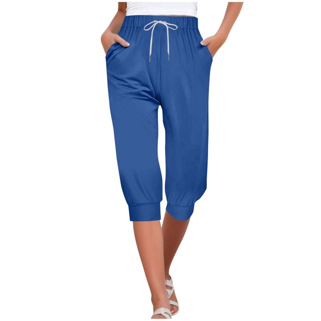 Timegard Womens Pants Capris Ruched Elastic Waist Comfy Casual Loose Workout Crop Trousers with Pockets