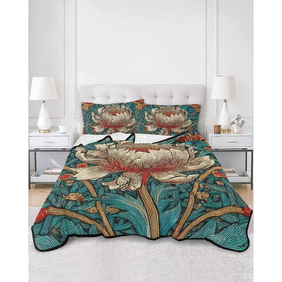 Quilts Twin XL Size, William Morris Plant Floral Soft Comforter Bedding Set for Bed, Retro Lotus Flower Leaves Lightweight Quilted Bedspread with Pillow Cover(2 Pieces) for All Season, 68x98 Inch