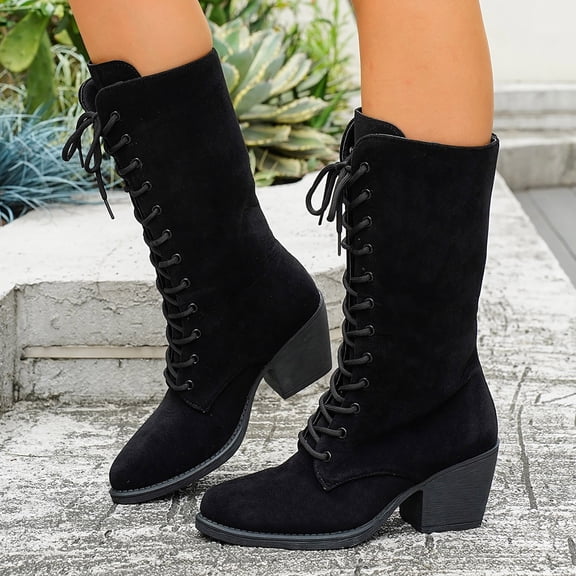 OKBOP Women's Mid Calf Lace-Up Boots Round Toe Chunky Heel Retro Faux-Leather Casual