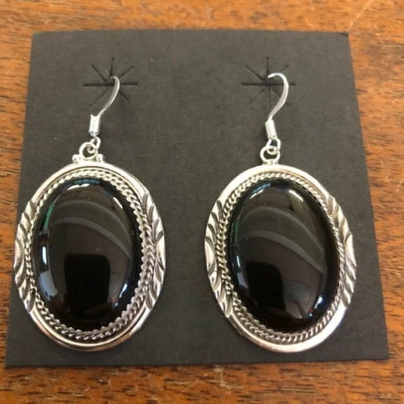 JennyShop New Vintage Fashion Silver Color Large  Black Onyx Stone Hoop Stud Earrings Endless Earrings for Women