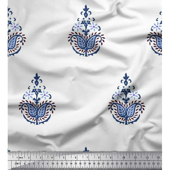 Soimoi Satin Silk Fabric Floral & Paisley Block Printed Fabric 1 Yard 42 Inch Wide