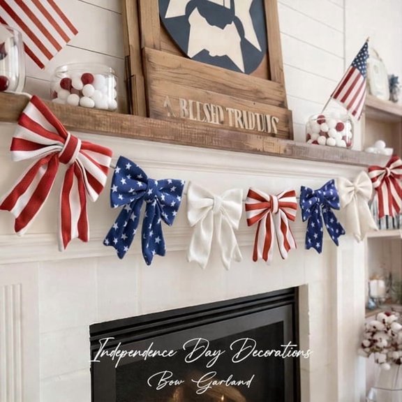 4th of July Decorations - 6.5 Ft Patriotic Bow Garland - Memorial Day Decor - America 250th Anniversary Decoration for Indoor Outdoor