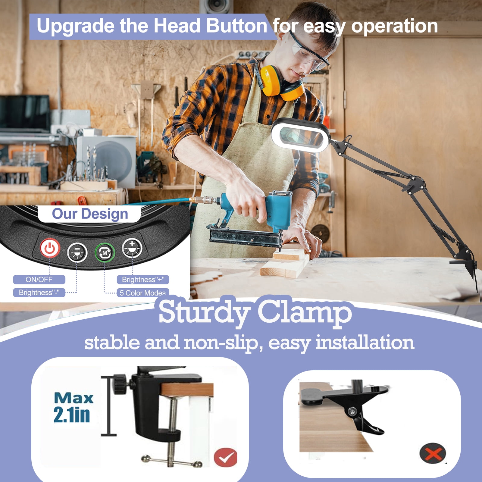 10X Rectangular Lens Magnifying Lamp - 5 Color Stepless Dimming, 2x16" Swing Arm, Head Buttons & 2.6" Clamp for Crafts/Reading/Seniors