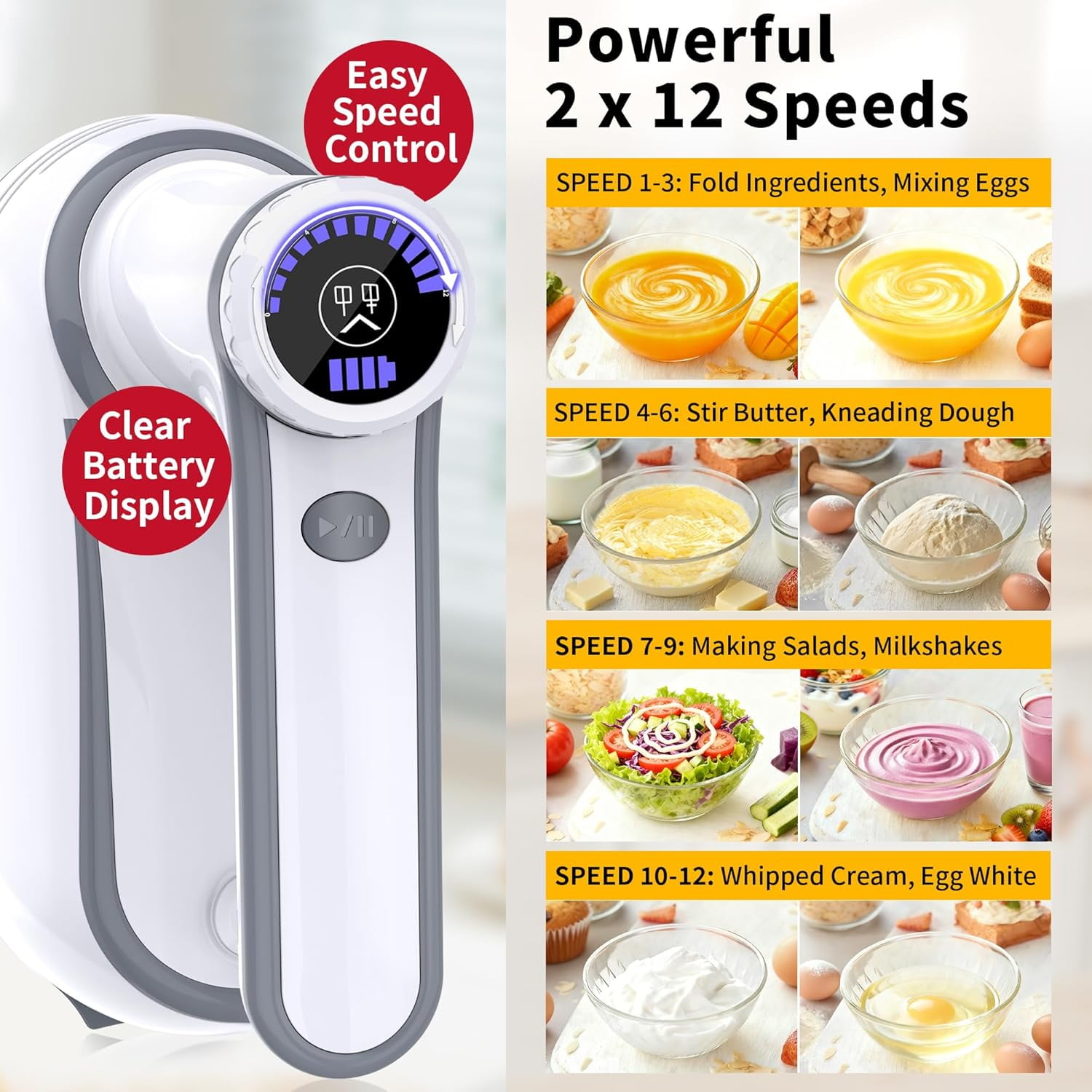 Cordless Electric Hand Mixer, 12-Speed Rechargeable with LED Display & Self-Stand for Baking