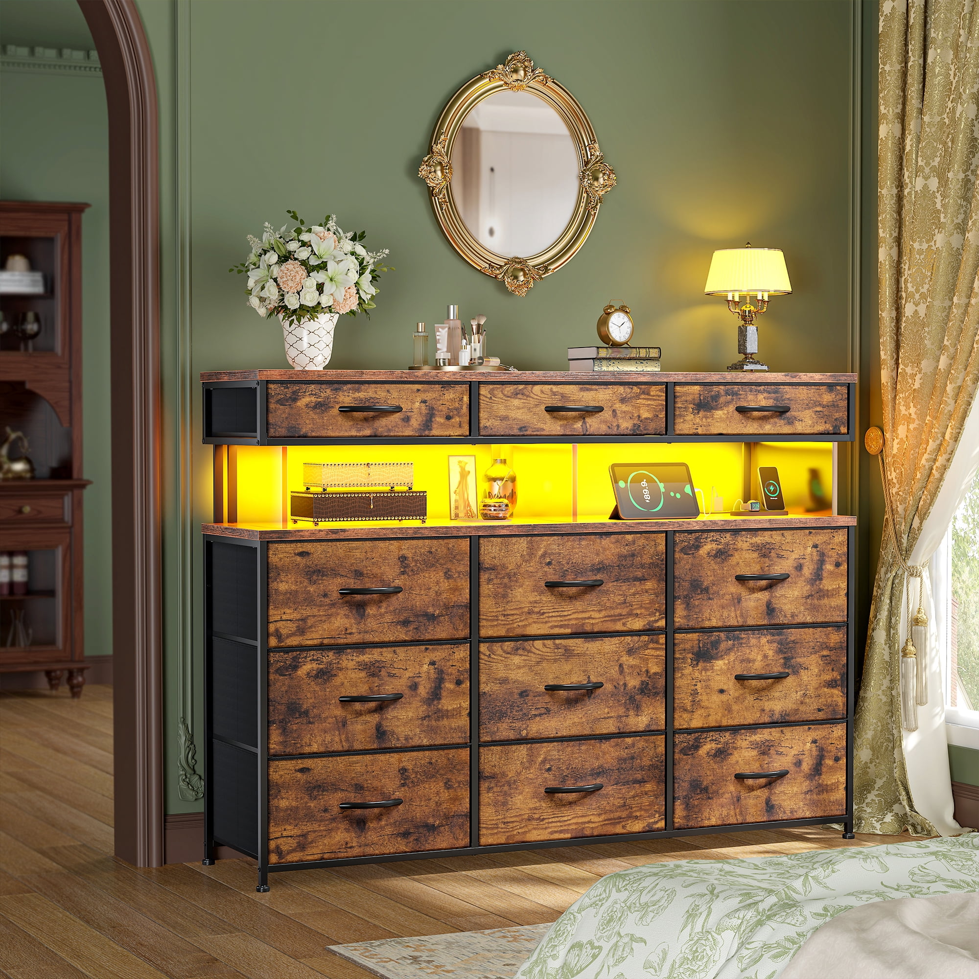 Romorgniz Dresser for Bedroom with 12 Fabric Drawers Wide Dresser with LED Lights & Charging Station Chest of Drawers with Acrylic Sheet, Rustic Brown