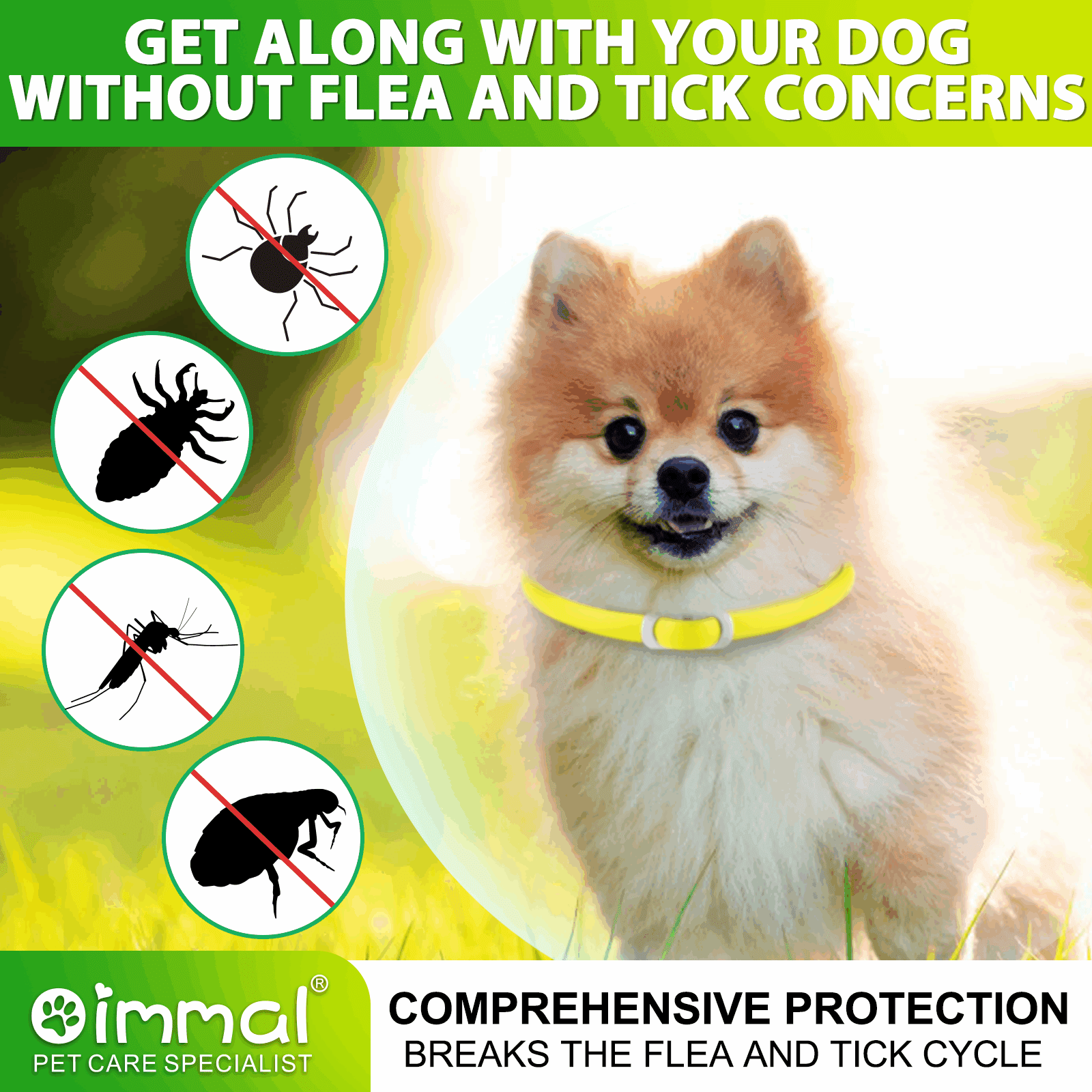 Oimmal Dogs Collar, Mosquito Prevention for Dog, Waterproof, 6 Months Protection, 4 Collars - Green & Yellow