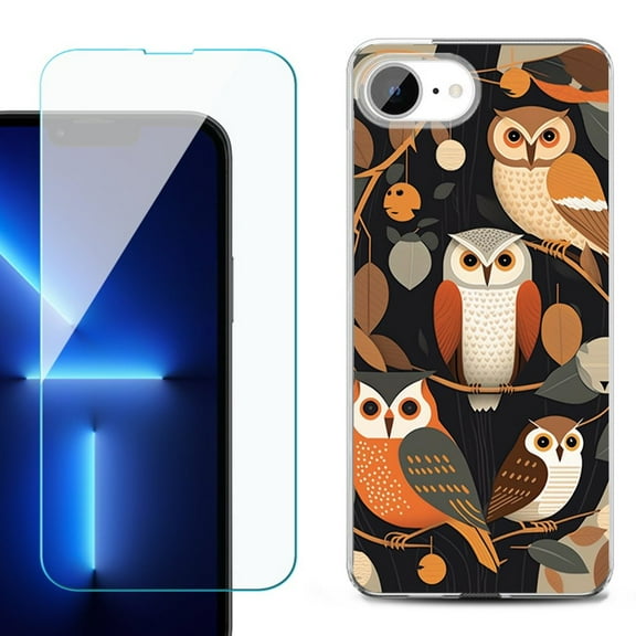 For For iPhone 16e Phone Case Cover, Shockproof Case with Tempered Glass Screen Protector, by OneToughShield - Owl Mix