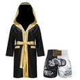 thumbnail image 2 of Hansber Kids Boys Boxing Costume Long Sleeve Boxing Robe with Belt and Muay Thai Shorts Set for MMA Black&White 14, 2 of 3