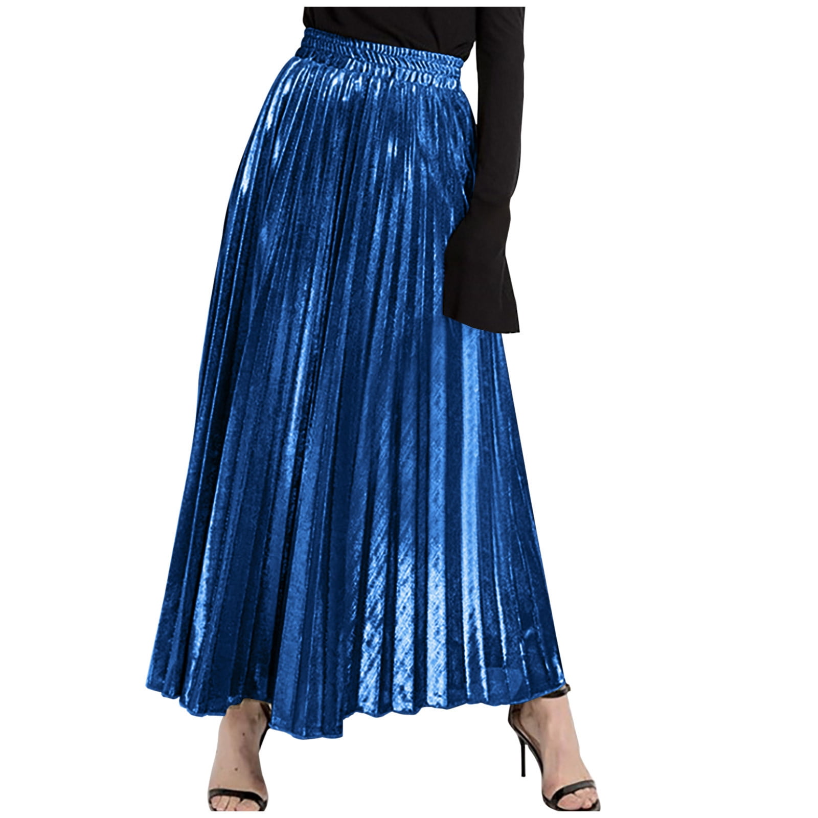 Cavosen Pleated Skirts for Women Long Maxi Ankle Length A-Line Skirts Swing Skirts High Waist Plain Pencil Skirts Flowy Swing Dress Athletic Beachwear Resortwear Blue 2XL