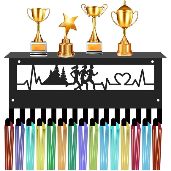Running Medal Display Rack Sports Awards Holder with 15 Hooks Metal Black Frame Wall Mount Ribbon Organizer Hanger Stand for Hold 15  Medals Runner Marathon Athletes Medalist 11.8x5.1x3.1in