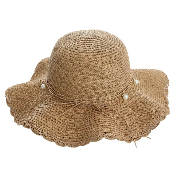 54-58cm hat circumference female summer outdoor seaside big eaves sunscreen sunshade straw hat pearl strap foldableKhaki