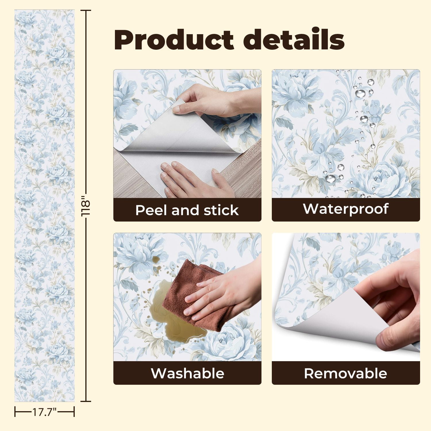 Vintage Peel and Stick Wallpaper Vintage Blue Floral Roses Leaves Light Wall Mural 17.7in x 9.8ft Self Adhesive Removable Wall Paper Renter Friendly Wallpaper for Nursery Bedroom Cabinets