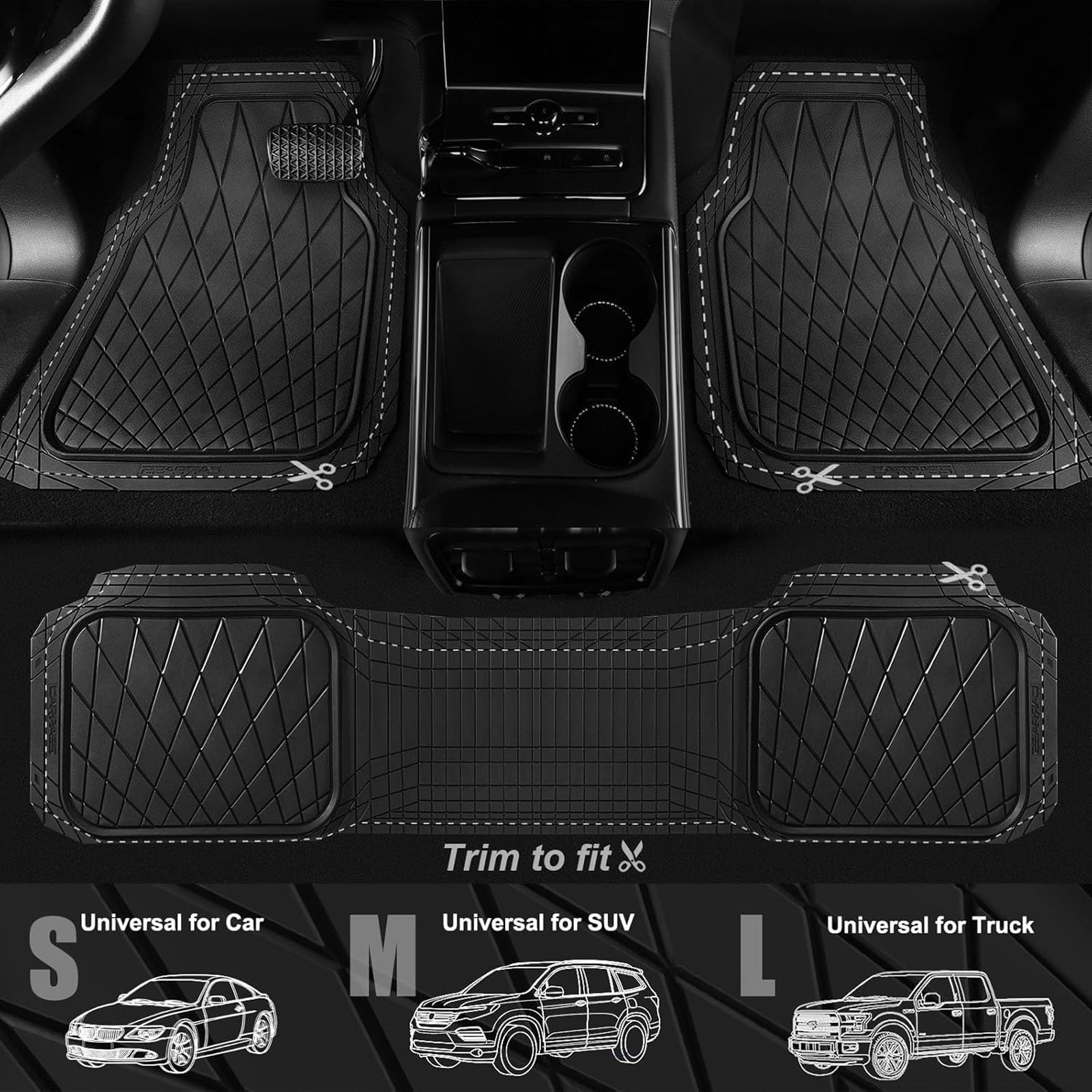 CAR GRAND premium heavy duty rubble car floor mats deep dish all weather waterproof easy clean universal trim fit sedan SUV Van Truck all black