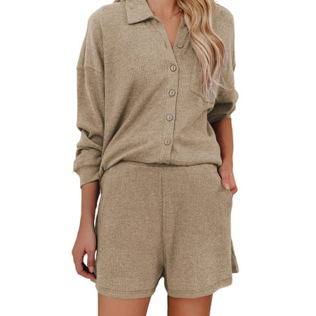 

DYMADE Womens 2-Piece Casual Shirt+Short Joggers Pajamas Set Nightwear Loungewear Pjs