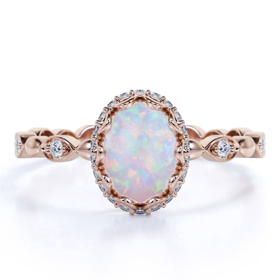 JeenMata Antique 1.75 ct Genuine Oval Cut Opal and Moissanite Engagement Ring in 18K Rose Gold over Silver