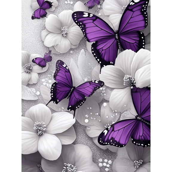 Qisvanset Purple Butterflies with White Flowers Canvas Wall Art, 15.75x11.81 Inch, Elegant Glitter Art for Bedroom, Bathroom, Vanity Decor
