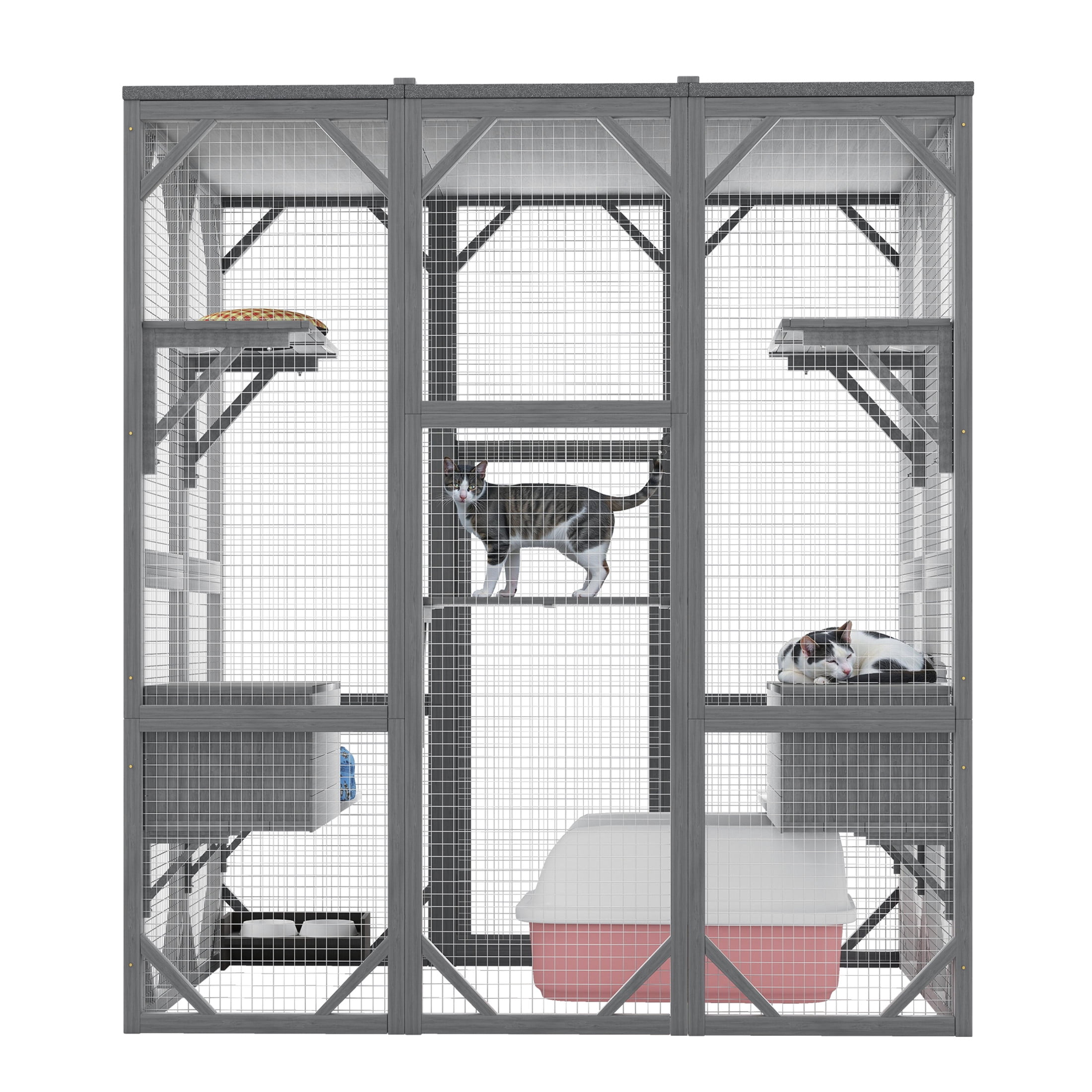 Noble House Large Outdoor Cat Enclosure, Wood Cat House with 6 Platforms & Lockable Doors for Patio Garden, Gray