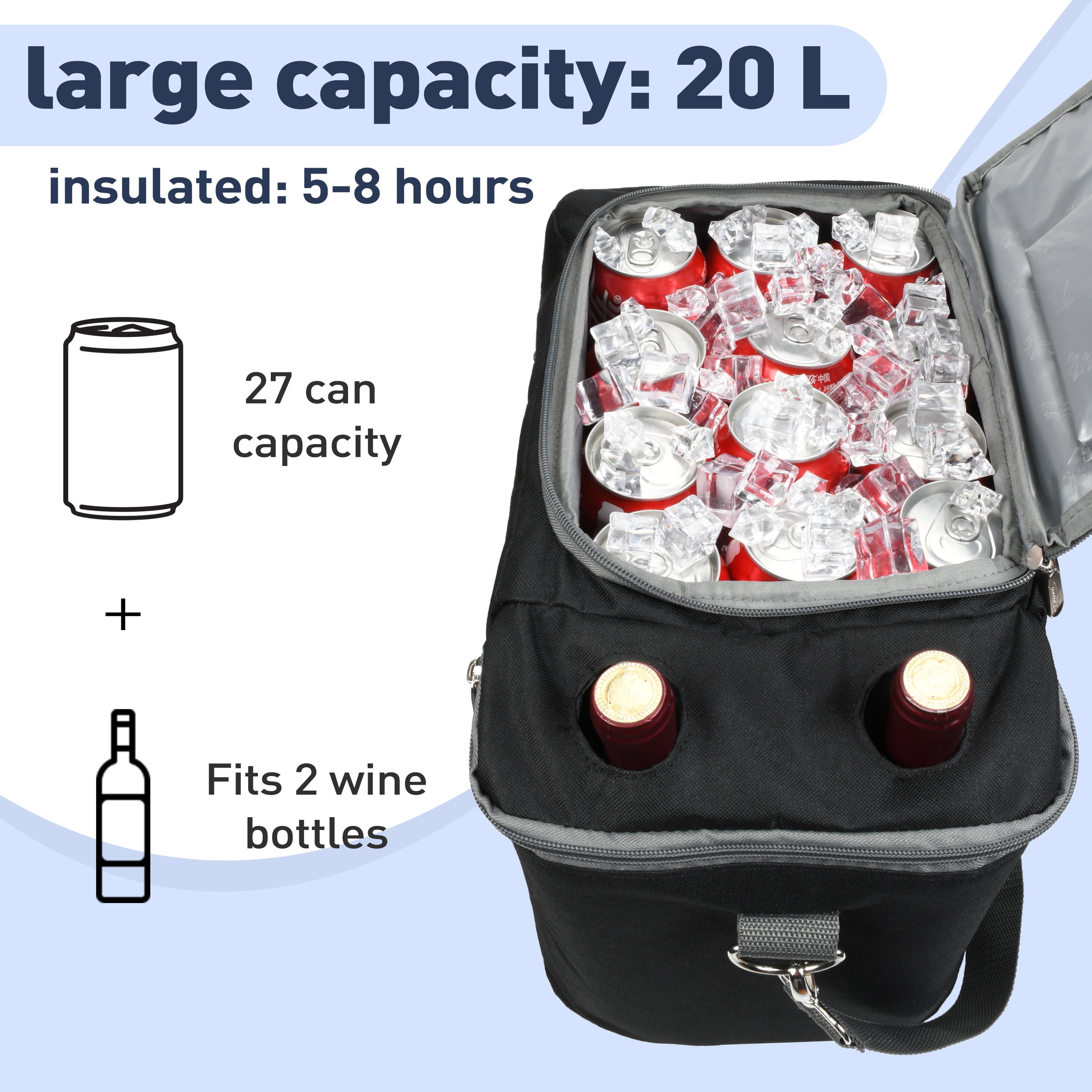Tirrinia Large Food & Drinks Insulated Cooler Bag - 20L Leakproof Outdoor Grocery Carrier, Travel To-Go Container + Wine Tote for Picnics, Camping, Parties