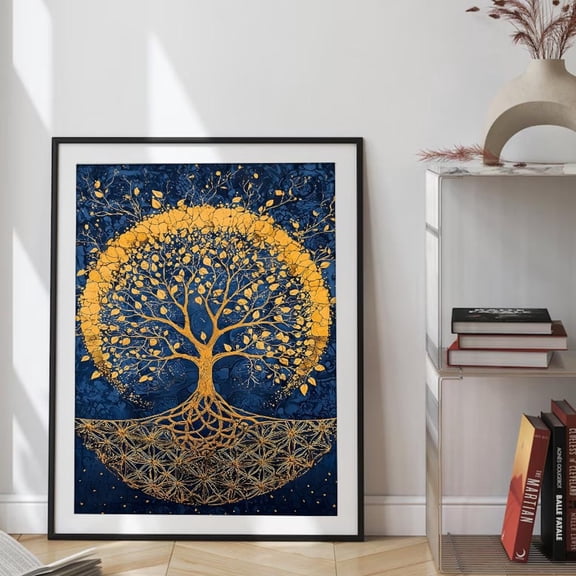 Golden Tree Of Life Art Blue & Gold Sacred Geometry Home Decor, 8x12 UNFRAMED