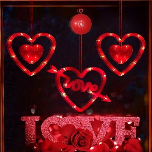 Dienrx Clearance Valentine's Day Hanging Lights, Valentines Day Decorations Window Lights with Suction Cup Hook Battery Powered Hanging Lighted Heart Shaped Valentine Led Lights for Indoor Outdoor