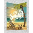 thumbnail image 1 of Hello Tapestry, Seashore with Palm Tree and Chair Illustration with Hello Summer Calligraphy Print, Wall Hanging for Bedroom Living Room Dorm Decor, 40W X 60L Inches, Multicolor, by Ambesonne, 1 of 2