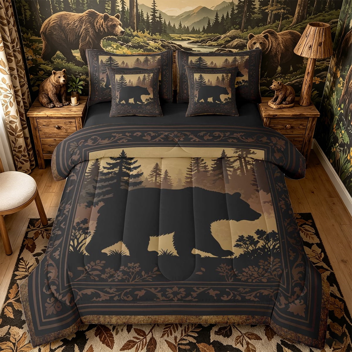 Castle Fairy Vintage Bear Silhouette Full Size Bedding Sets 7 Pieces Floral Pine Full Size Bed in a Bag Sepia Dark Brown Black Reversible