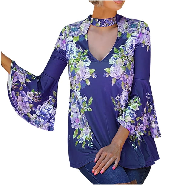 Blusa suelta casual de manga larga acampanada con cuello en V para mujer Fridja fhghd2404
