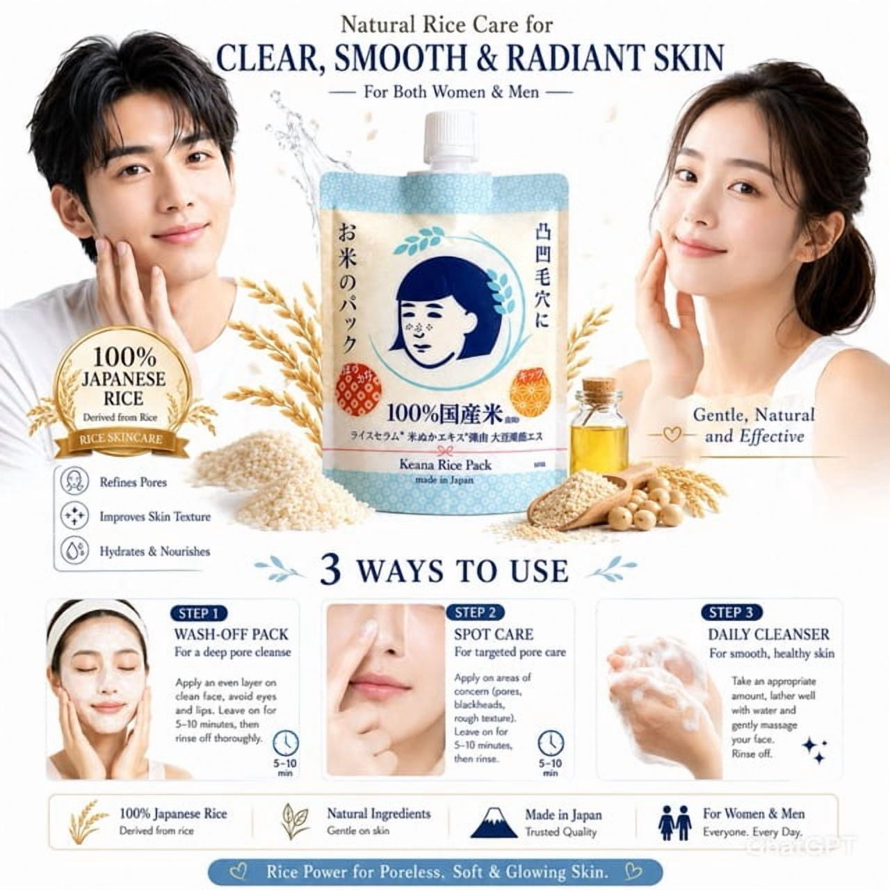 Keana Japanese Rice Pore Care Hydrating Wash-Off Mask with Rice Extract Skin Smoothing Moisturizing Facial Mask Authentic Japanese Skincare 170g