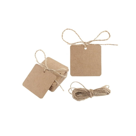 100pcs Blank Square Kraft Paper Gift Hang Tags Wedding Label Price Card Craft with 10m Natural Jute Twine