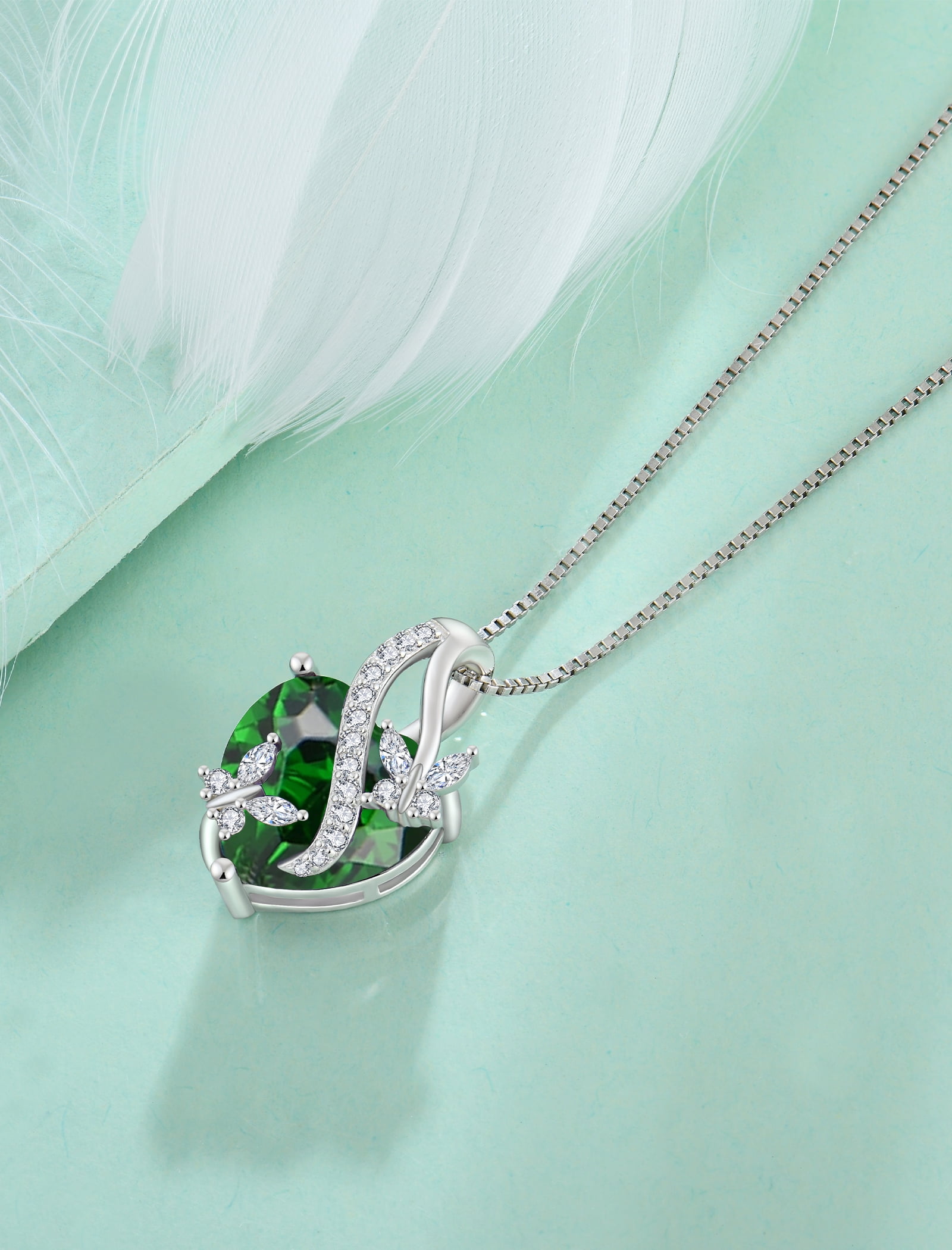VESITIM Infinite Heart Pendant Sterling Silver Butterfly Necklace for Women Jewelry Gift with Birthstone May Created Emerald