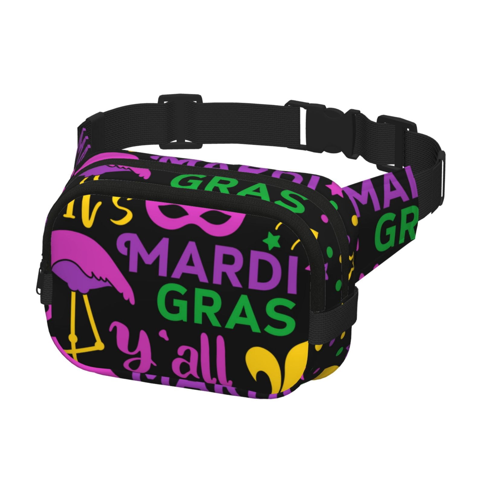 Hirioo Mardi Gras with Flamingo for Double Layer Waist Bag Adjustable Fanny Pack For Travel Running Hiking