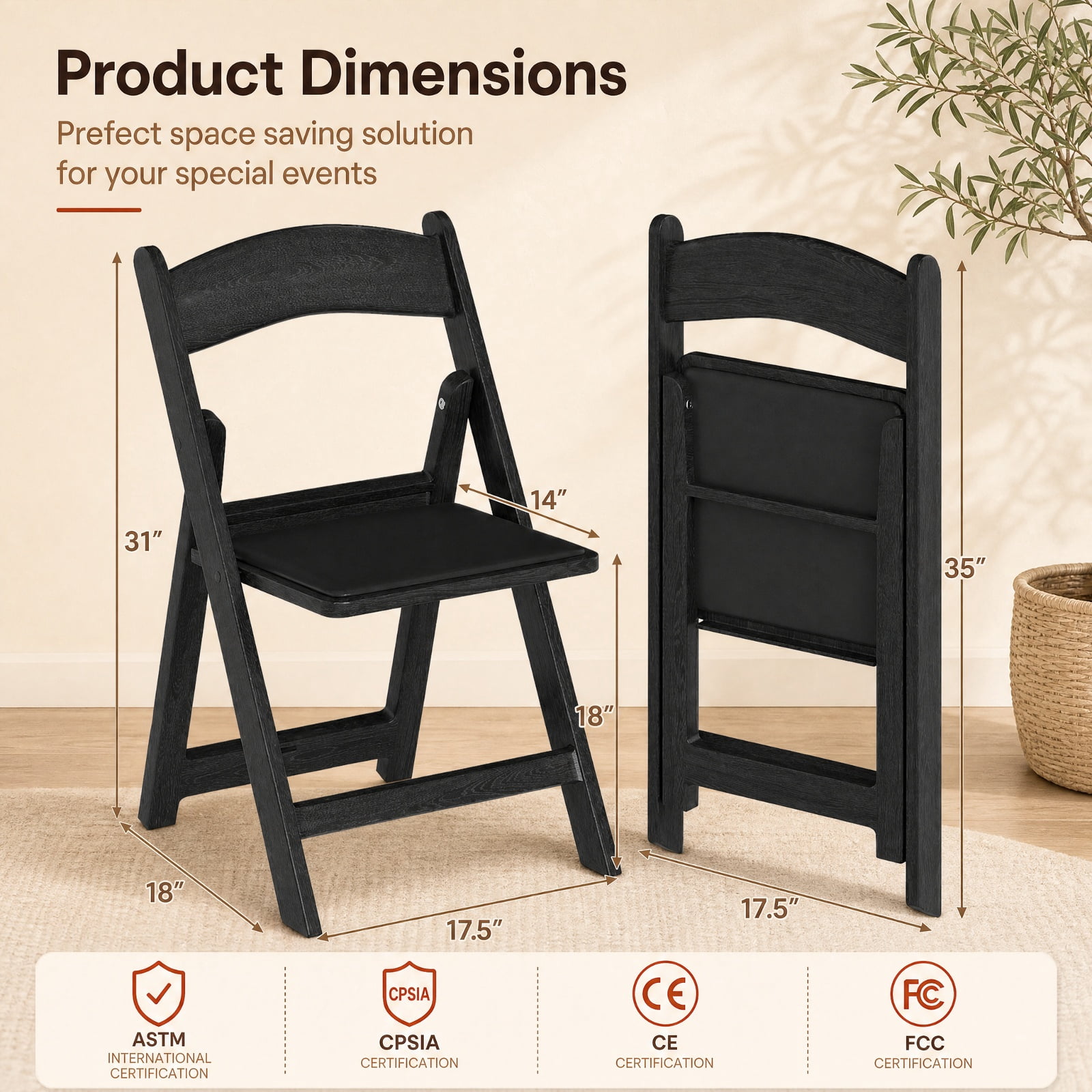 Furnibear Resin Folding Chairs Set of 4 with Padded Seat and Reinforced Frame for Weddings Parties and Commercial Event Seating, Black