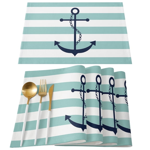 Teal White Striped Placemats Set of 4, Navy Blue Beach Nautical Anchor Ocean Coastal Placemats for Dining Table, Place Mats for Kitchen Tabletop, Waterproof Wipeable Dining Table Mats Set