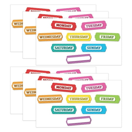 Ashley Productions Magnetic Die-Cut Timesavers & Labels, Days of the Week, White Polka Dots On Assorted Colors, 8 Per Pack, 6 Packs