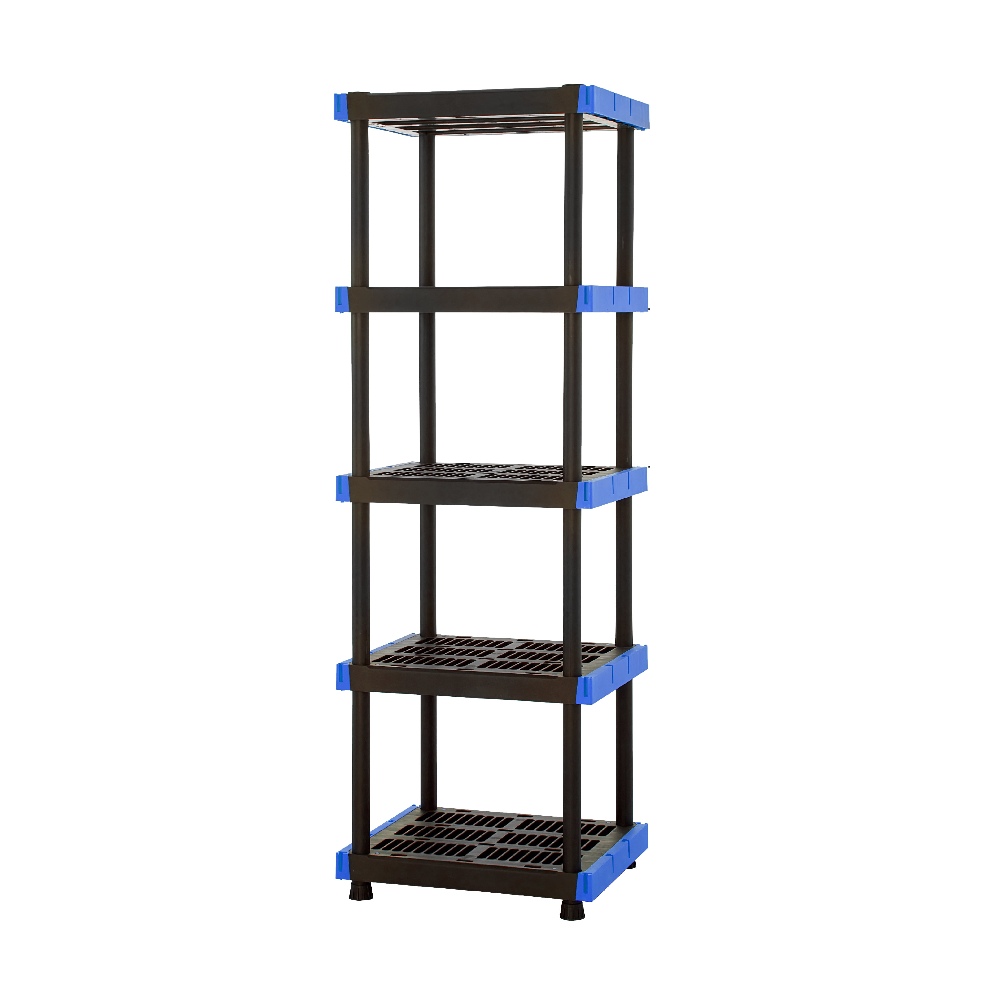 (4 pack) Hart 5-Shelf Plastic Storage Shelf, 24" W x 20" D x 72" H, Holds up to 500 lb Total Capacity, Black and Blue