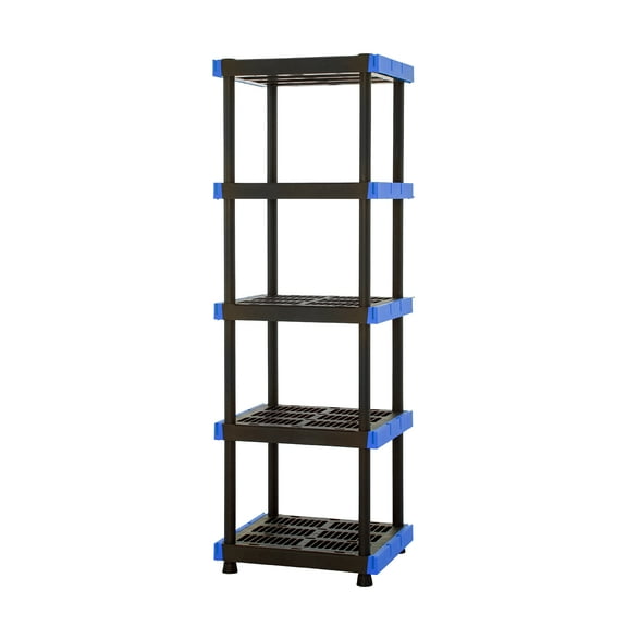 Hart 5-Shelf Plastic Storage Shelf, 24" W x 20" D x 72" H, Holds up to 500 lb Total Capacity, Black and Blue