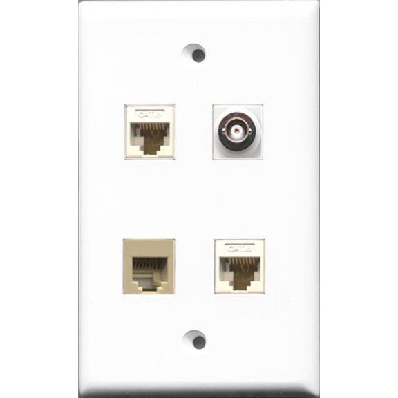 RiteAV 1 Port Phone RJ11 RJ12 Beige and 1 Port BNC 2 Port Cat6 Ethernet White Wall Plate