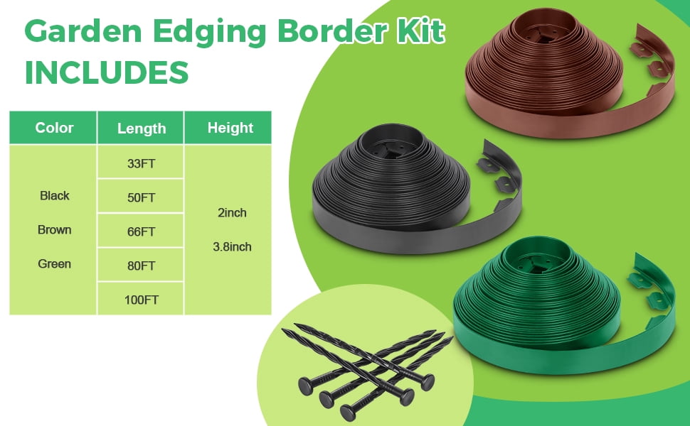 2” x 100 FT Landscape Edging Border with 150 Stakes, Plastic Flexible Tool-Free Lawn Border for Garden Flower Beds Yard Lawn Pathway Paver (Black)