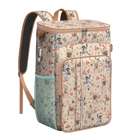 Travel Cooler Bag - Yorkie with Flowers Camping Beer Cooler Backpack with Bottle Opener- Waterproof Insulated Picnic Backpacks - Cooler Bag for Beach